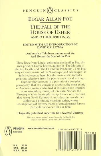 Quatrième de couverture de « THE FALL OF THE HOUSE OF USHER AND OTHERS WRITINGS POEMS TALES ESSAYS AND REVIEUW »
