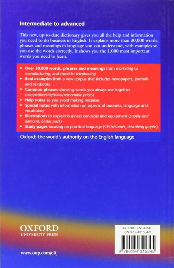 Quatrième de couverture de « OXFORD BUSINESS ENGLISH DICTIONARY FOR LEARNERS OF ENGLISH »