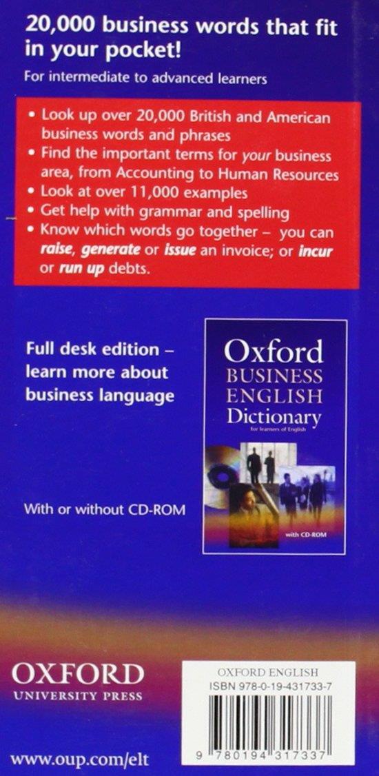 Quatrième de couverture de « OXFORD LEARNER'S POCKET DICTIONARY OF BUSINESS ENGLISH »