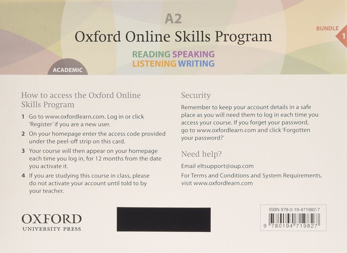 Couverture du livre « OXFORD ONLINE SKILLS PROGRAM A2 ACADEMIC ACCESS CARD » de Xxx, librairie Les Contes Infusés à Corte