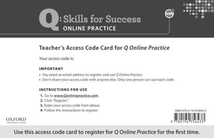 Couverture du livre « Q ONLINE PRACTICE TEACHER ACCESS CODE CARD » de Xxx, librairie Les Contes Infusés à Corte