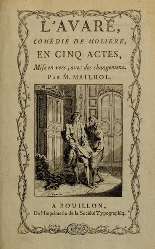 Couverture du livre « L'AVARE » de Moliere, librairie Les Contes Infusés à Corte