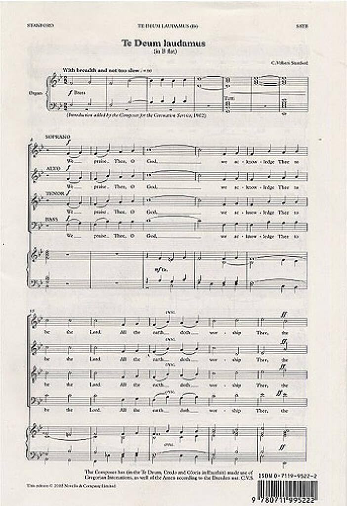 Couverture du livre « CHARLES VILLIERS STANFORD: TE DEUM LAUDAMUS IN B FLAT CHANT », librairie Les Contes Infusés à Corte