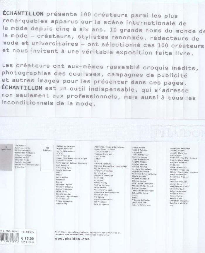 Quatrième de couverture de « ECHANTILLON. 100 CREATEURS DE MODE. 10 SPECIALISTES »