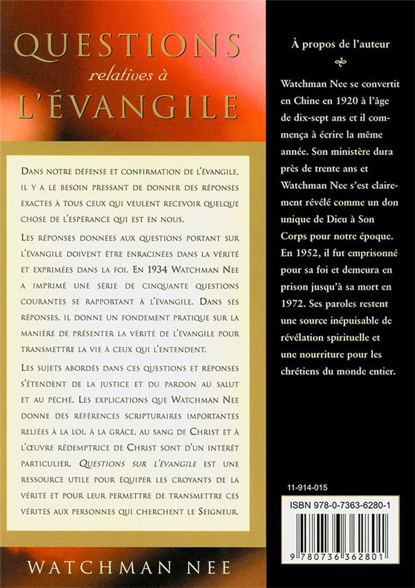Quatrième de couverture de « QUESTIONS RELATIVES A L EVANGILE »