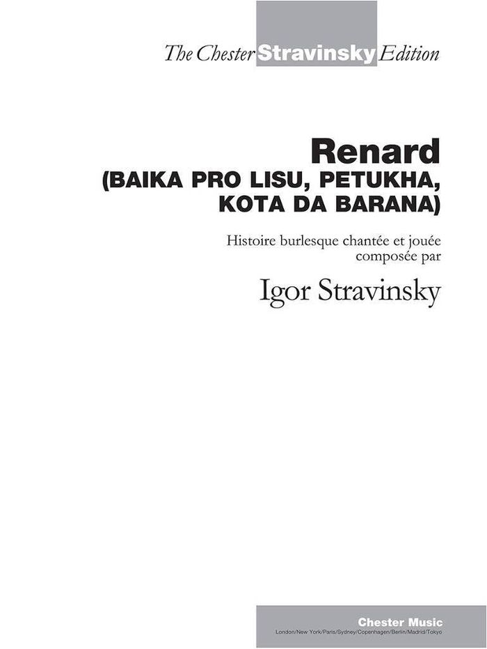 Couverture du livre « IGOR STRAVINSKY - RENARD (VOCAL SCORE) » de Stravinsky, (co Igor, librairie Les Contes Infusés à Corte
