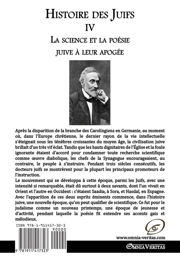 Quatrième de couverture de « HISTOIRE DES JUIFS IV - LA SCIENCE ET LA POESIE JUIVE A LEUR APOGEE »