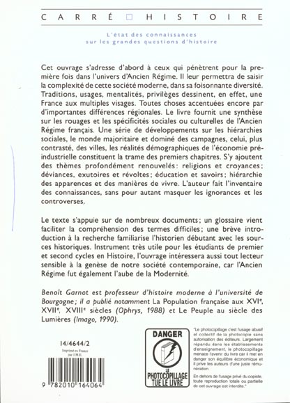 Quatrième de couverture de « SOCIETE, CULTURES ET GENRES DE VIE DANS LA FRANCE MODERNE - XVIE A XVIIIE SIECLE - XVIE - XVIIIE SIE »