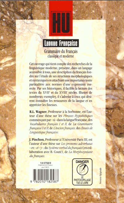 Quatrième de couverture de « GRAMMAIRE DU FRANCAIS CLASSIQUE ET MODERNE »