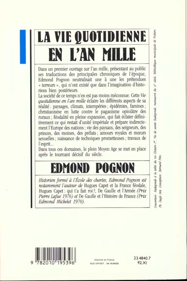 Quatrième de couverture de « LA VIE QUOTIDIENNE EN L'AN MILLE »