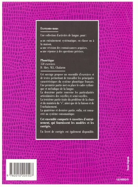 Quatrième de couverture de « LES 350 EXERCICES - PHONETIQUE - LIVRE DE L'ELEVE »