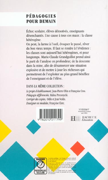 Quatrième de couverture de « ENSEIGNER EN CLASSE HETEROGENE »