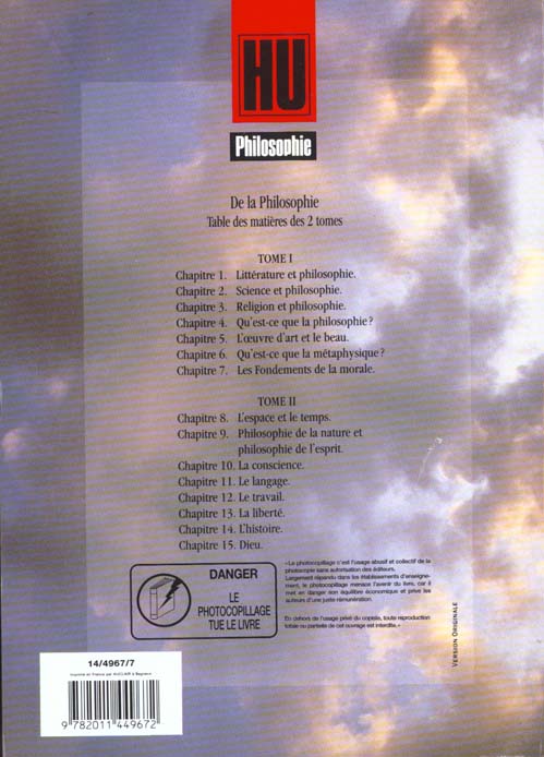Quatrième de couverture de « DE LA PHILOSOPHIE 1 »