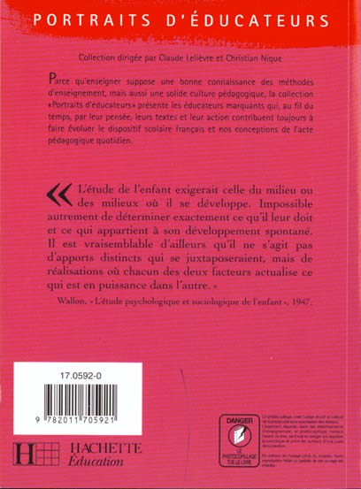 Quatrième de couverture de « HENRI WALLON - L'ENFANT ET SES MILIEUX »