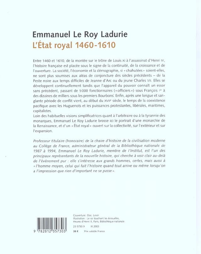 Quatrième de couverture de « HISTOIRE DE FRANCE TOME II L'ETAT ROYAL (1460-1610) »