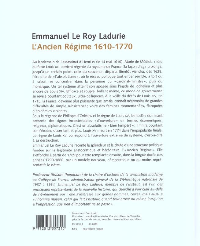 Quatrième de couverture de « HISTOIRE DE FRANCE TOME III L'ANCIEN REGIME (1610-1770) »