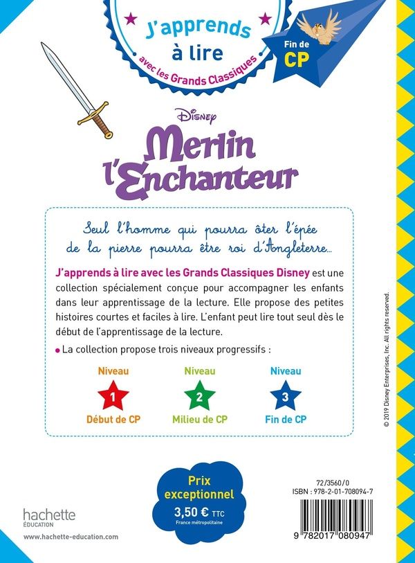Quatrième de couverture de « DISNEY - MERLIN L'ENCHANTEUR, CP NIVEAU 3 »