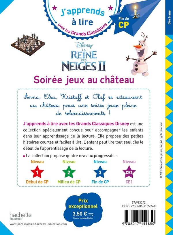 Quatrième de couverture de « DISNEY - LA REINE DES NEIGES 2, SOIREE JEUX AU CHATEAU, CP NIVEAU 3 »