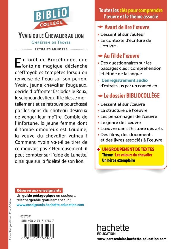 Quatrième de couverture de « Yvain ou Le chevalier au lion : extraits »