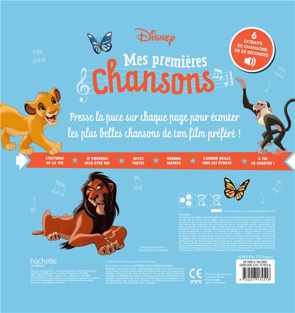 Quatrième de couverture de « LE ROI LION - MES PREMIERES CHANSONS - LIVRE SONORE - DISNEY »