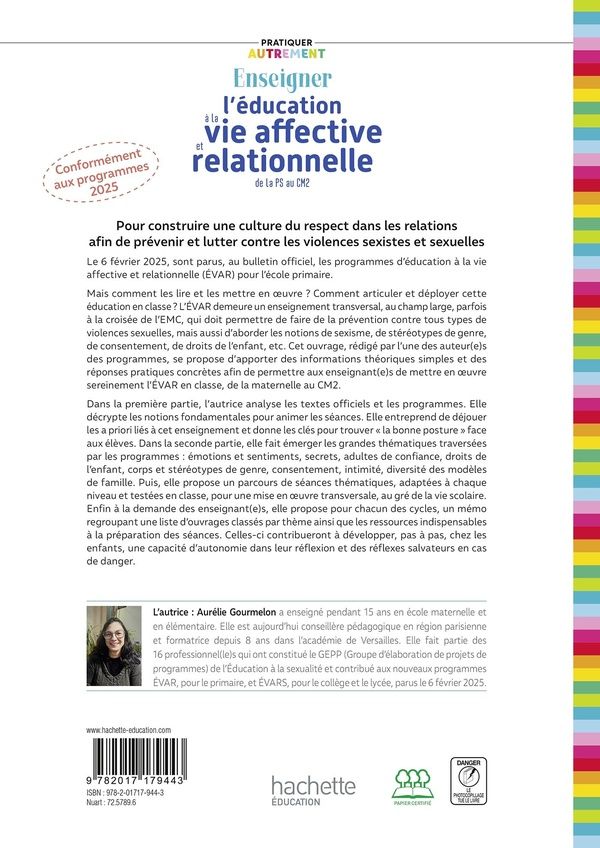 Quatrième de couverture de « Enseigner l'éducation à la vie affective et relationnelle : de la PS au CM2 »