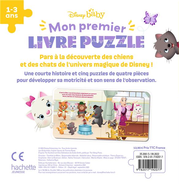 Quatrième de couverture de « DISNEY BABY - MON PREMIER LIVRE PUZZLE - 5 PUZZLES 4 PIECES - CHIOTS ET CHATONS »