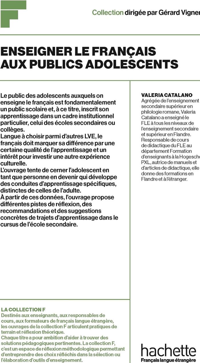 Couverture du livre « Enseigner le français aux publics adolescents » de Valeria Catalano, librairie Les Contes Infusés à Corte