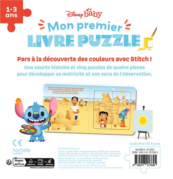 Quatrième de couverture de « DISNEY BABY - MON PREMIER LIVRE PUZZLE - 4 PIECES - STITCH ET LES COULEURS »