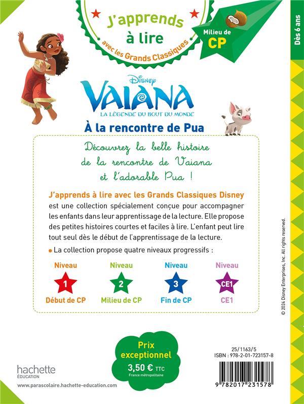 Quatrième de couverture de « DISNEY - VAIANA - A LA RENCONTRE DE PUA, CP NIVEAU 2 »