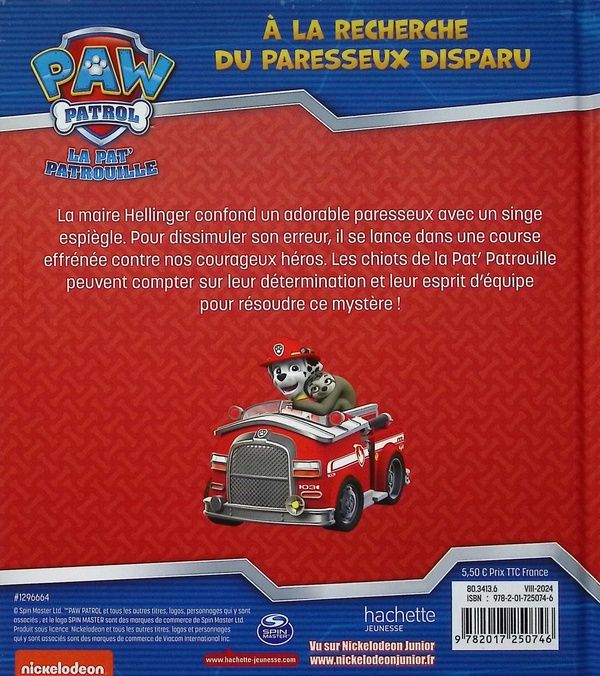 Quatrième de couverture de « LA PAT' PATROUILLE - A LA RECHERCHE DU PARESSEUX DISPARU »