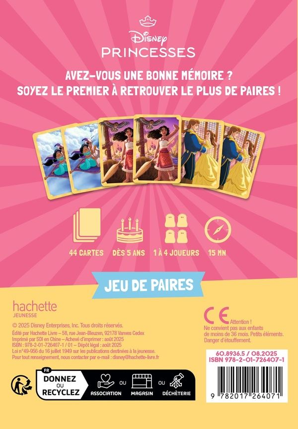 Quatrième de couverture de « DISNEY PRINCESSES - MEMO - JEU DE CARTES (JEU DE PAIRES) »