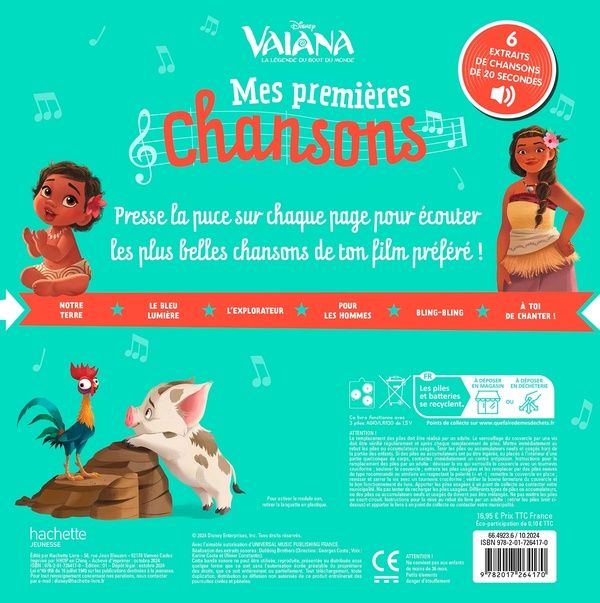 Quatrième de couverture de « VAIANA, LA LEGENDE DU BOUT DU MONDE - MES PREMIERES CHANSONS (LIVRE SONORE) - DISNEY PRINCESSES »