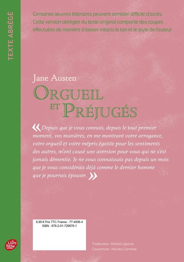 Quatrième de couverture de « Orgueil et préjugés »