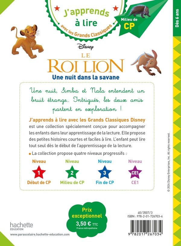 Quatrième de couverture de « DISNEY - LE ROI LION - UNE NUIT DANS LA SAVANE, CP NIVEAU 2 »