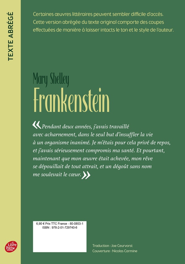 Quatrième de couverture de « Frankenstein : ou le Prométhée moderne »