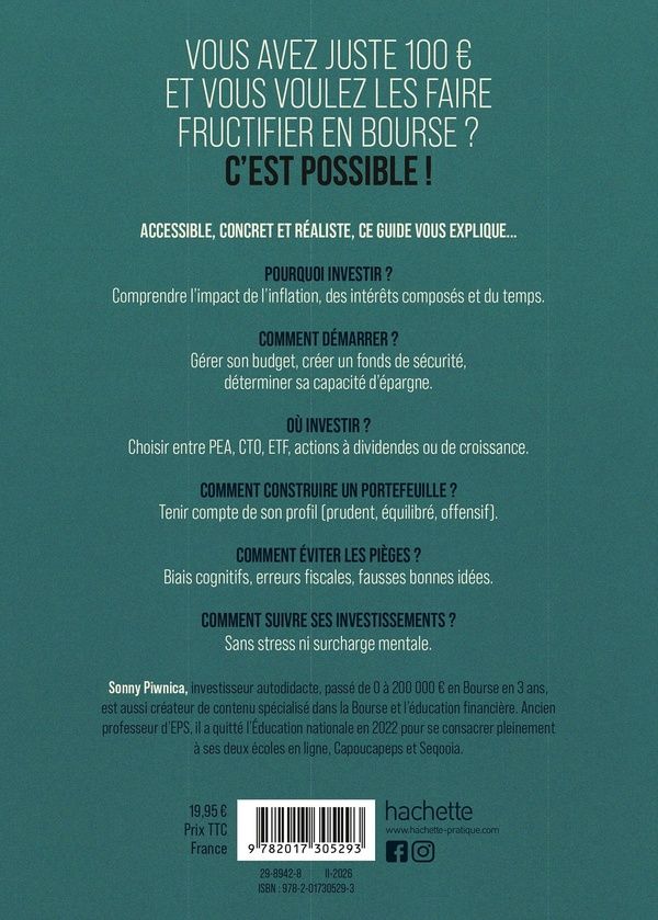 Quatrième de couverture de « Se lancer en bourse avec 100 euros : 9 étapes pour créer sa liberté financière en épargnant intelligemment »