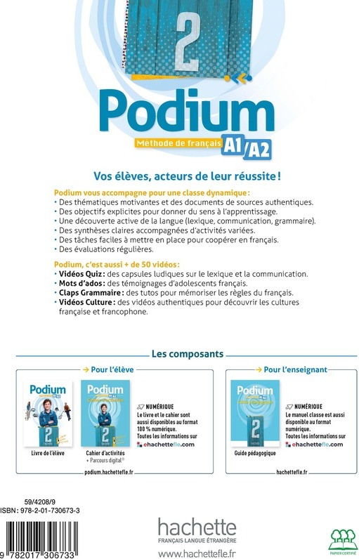 Quatrième de couverture de « Podium 2 : méthode de français, A1-A2, livre de l'élève »