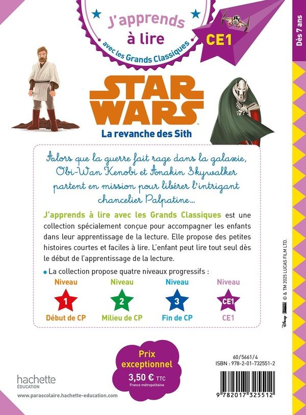 Quatrième de couverture de « DISNEY - STAR WARS - LA REVANCHE DES SITH, CE1 »