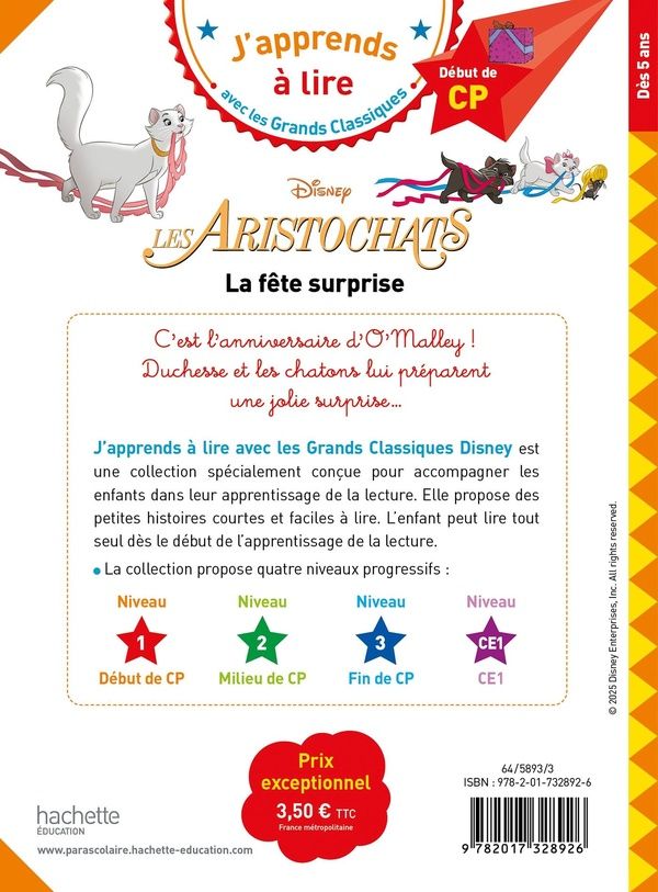 Quatrième de couverture de « DISNEY - LES ARISTOCHATS - LA FETE SURPRISE, CP NIVEAU 1 »