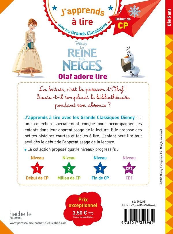 Quatrième de couverture de « La reine des neiges : Olaf adore lire »
