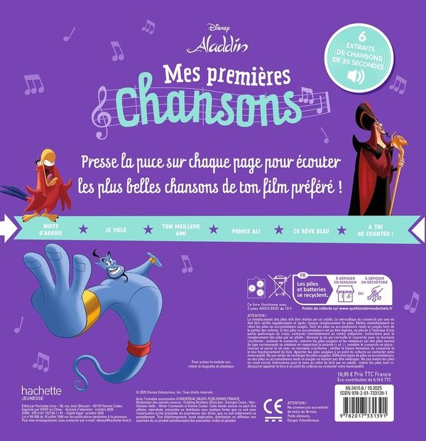 Quatrième de couverture de « ALADDIN - MES PREMIERES CHANSONS - LIVRE SONORE - DISNEY »