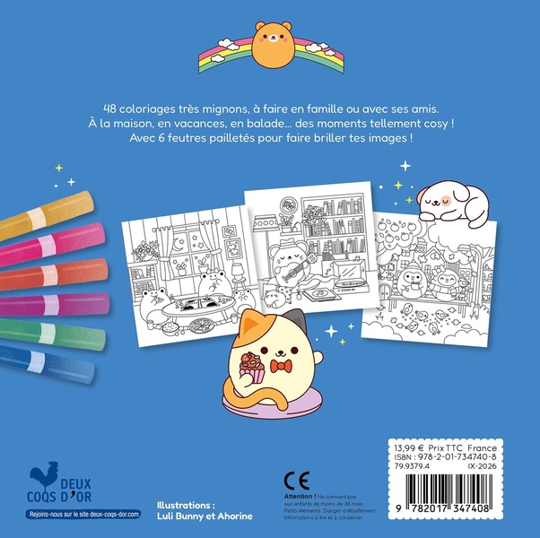 Quatrième de couverture de « COLORIAGES MES PETITS AMIS MES MOMENTS COSY - POCHETTE AVEC FEUTRES PAILLETES »