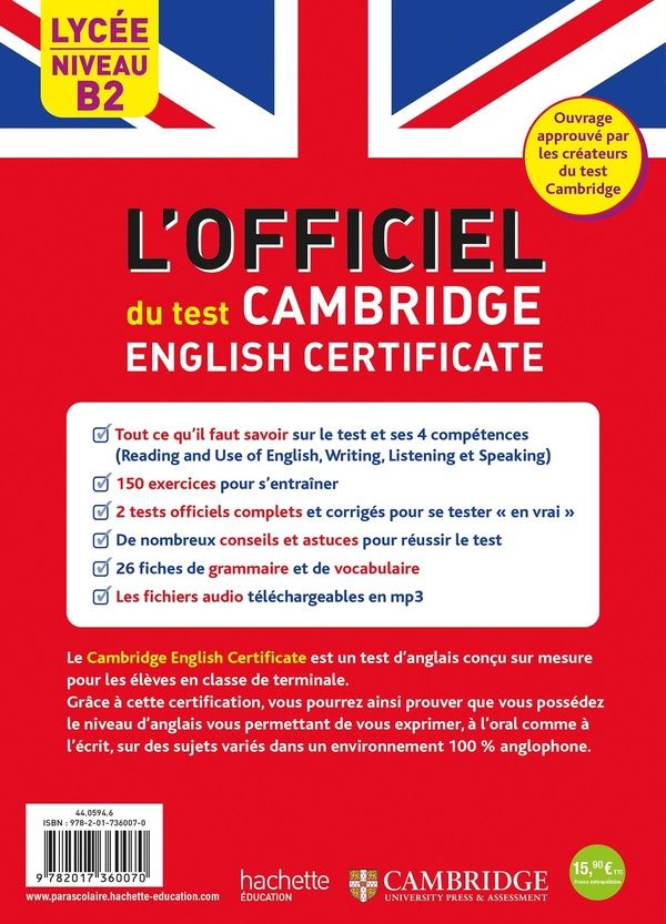 Quatrième de couverture de « L'officiel du test Cambridge English Certificate : lycée niveau B2 »