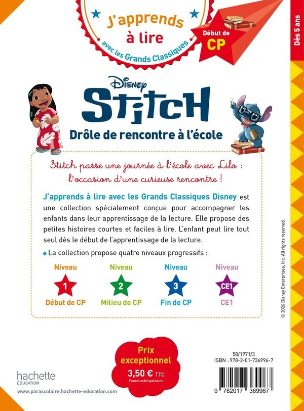 Quatrième de couverture de « DISNEY - STITCH - DROLE DE RENCONTRE A L'ECOLE, CP NIVEAU 1 »
