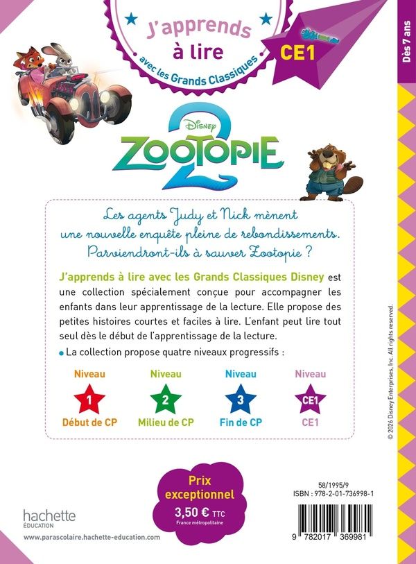 Quatrième de couverture de « DISNEY - CE1 ZOOTOPIE 2 »