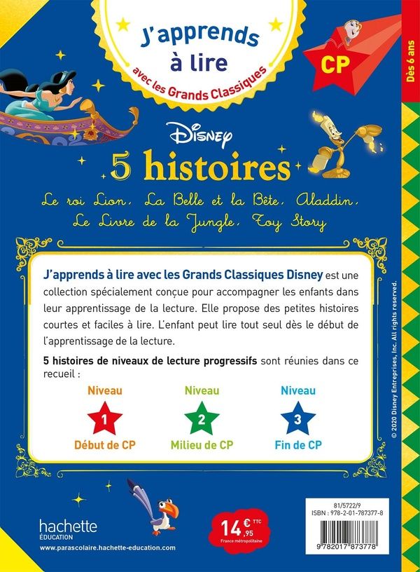 Quatrième de couverture de « DISNEY - 5 HISTOIRES - CP NIVEAUX 1, 2, 3 »