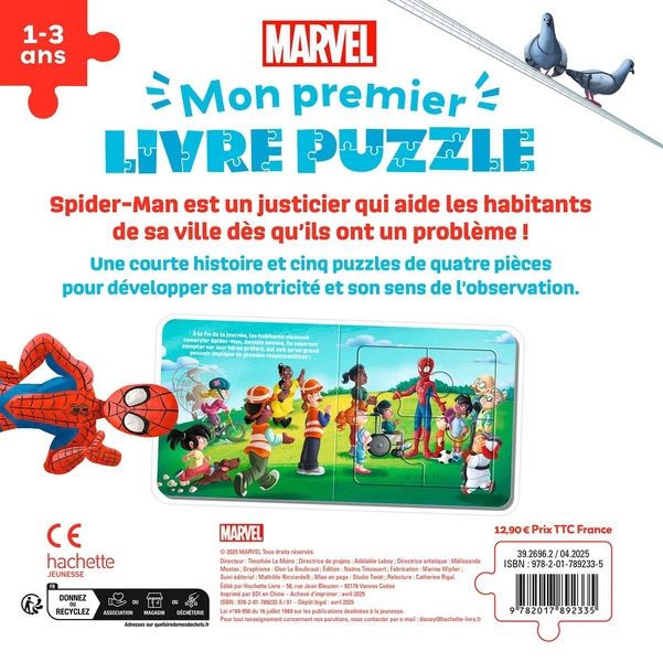 Quatrième de couverture de « SPIDER-MAN - MON PREMIER LIVRE PUZZLE - 4 PIECES - LA JOURNEE D'UN SUPER-HEROS - MARVEL »