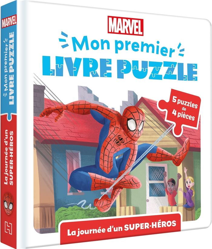 Couverture du livre « SPIDER-MAN - MON PREMIER LIVRE PUZZLE - 4 PIECES - LA JOURNEE D'UN SUPER-HEROS - MARVEL », librairie Les Contes Infusés à Corte