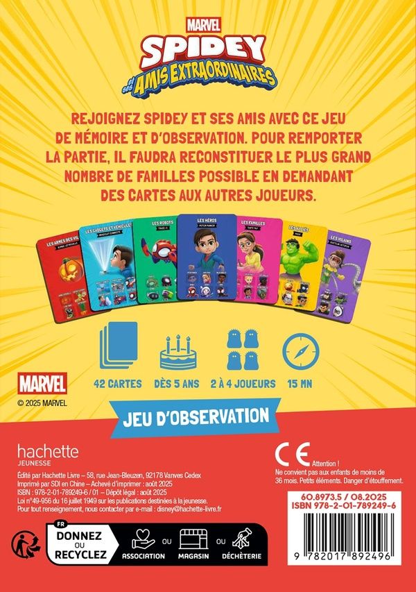 Quatrième de couverture de « SPIDEY ET SES AMIS EXTRAORDINAIRES - JEU DE CARTES - 7 FAMILLES -MARVEL »