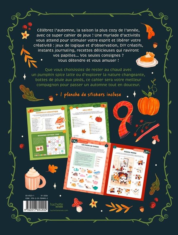 Quatrième de couverture de « CAHIER D'ACTIVITES - MON PETIT COIN COZY - DES JEUX, DES DIY ET DES RECETTES POUR PASSER UN AUTOMNE »